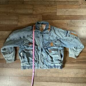 90s VINTAGE Size XL Todays News Denim Jacket Aztec Lined Leather Trim Mens 40629